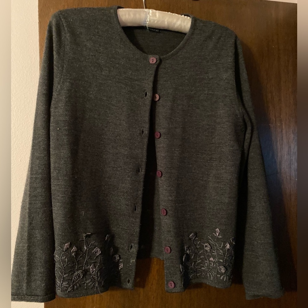 Dark grey cardigan with detailed roses on bottom